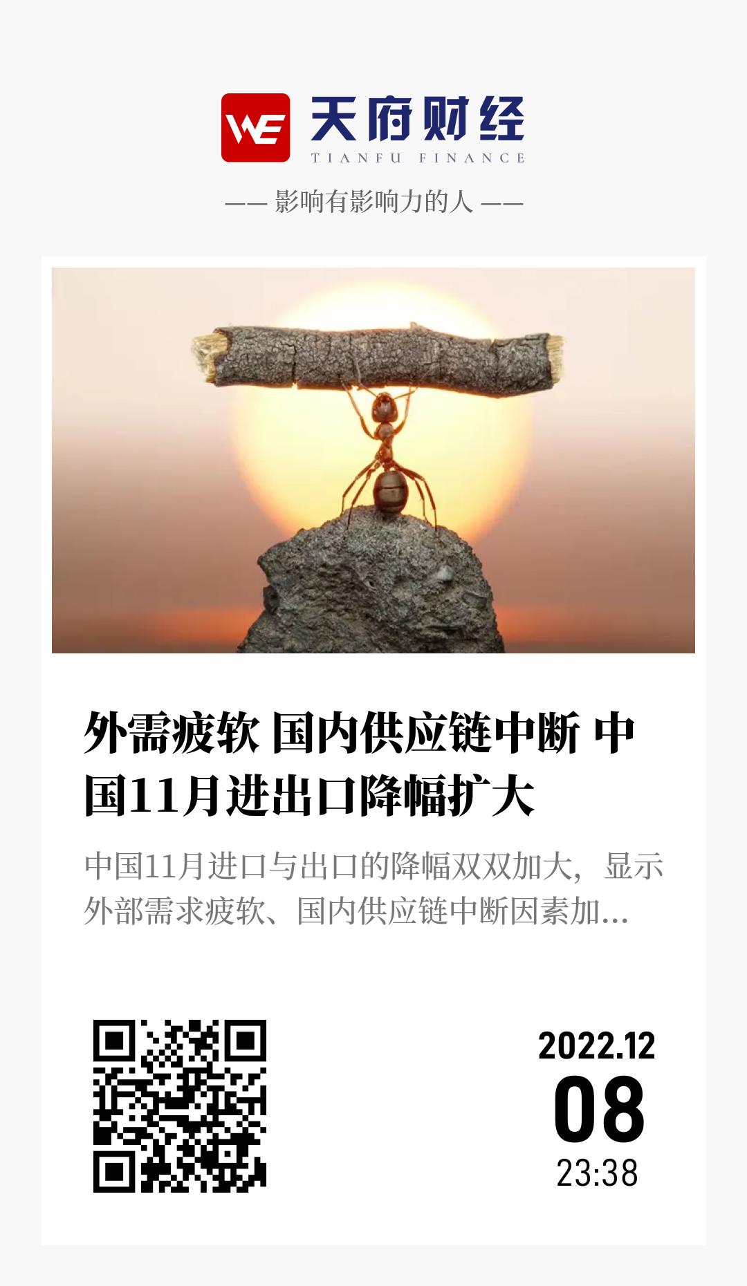 外需疲软 国内供应链中断 中国11月进出口降幅扩大 - 海报